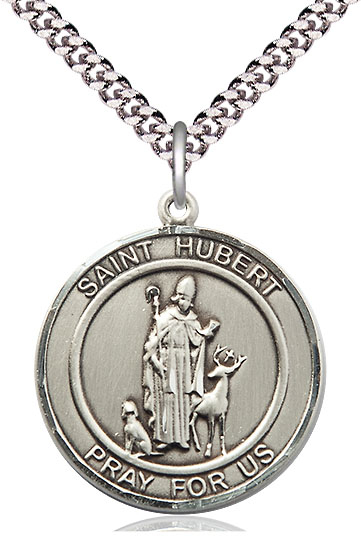 Sterling Silver Saint Hubert of Liege Pendant on a 24 inch Light Rhodium Heavy Curb chain