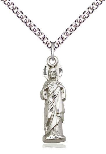 Sterling Silver Sacred Heart Pendant on a 24 inch Sterling Silver Heavy Curb chain