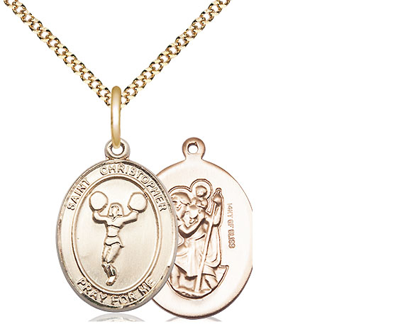 14kt Gold Filled Saint Christopher Cheerleading Pendant on a 18 inch Gold Plate Light Curb chain