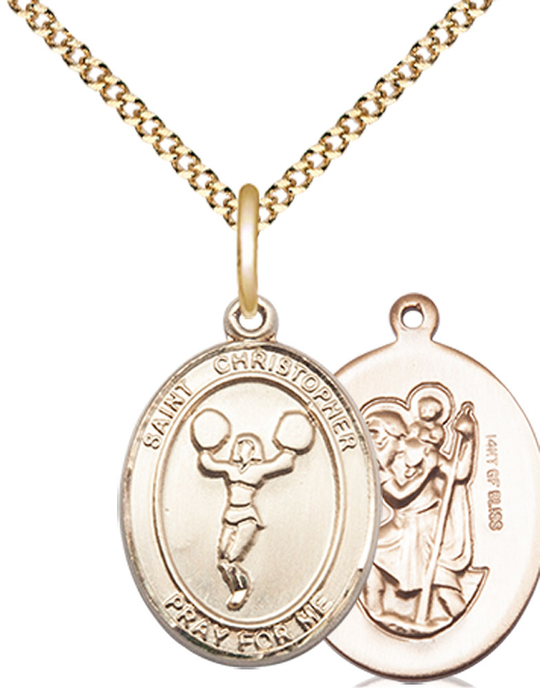 14kt Gold Filled Saint Christopher Cheerleading Pendant on a 18 inch Gold Plate Light Curb chain