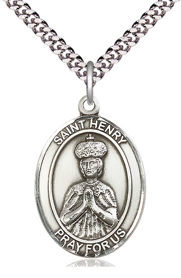 Sterling Silver Saint Henry II Pendant on a 24 inch Light Rhodium Heavy Curb chain