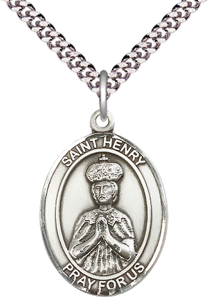 Sterling Silver Saint Henry II Pendant on a 24 inch Light Rhodium Heavy Curb chain