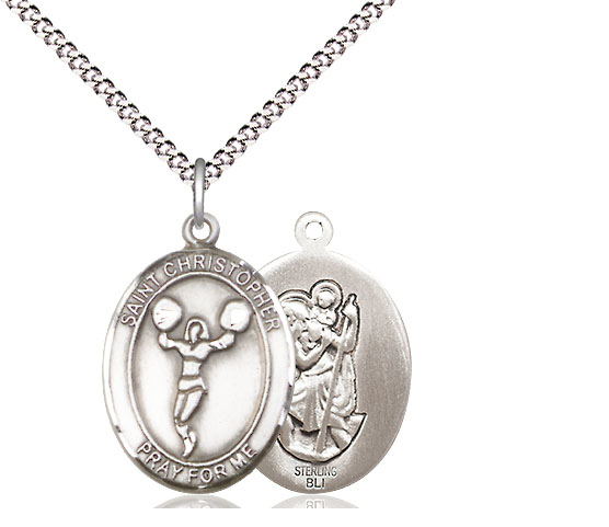 Sterling Silver Saint Christopher Cheerleading Pendant on a 18 inch Light Rhodium Light Curb chain