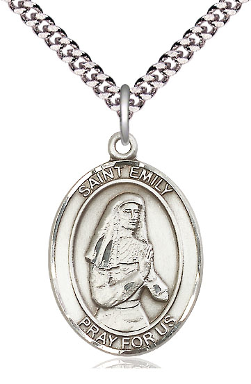 Sterling Silver Saint Emily de Vialar Pendant on a 24 inch Light Rhodium Heavy Curb chain