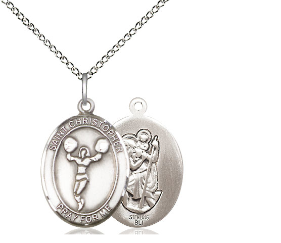 Sterling Silver Saint Christopher Cheerleading Pendant on a 18 inch Sterling Silver Light Curb chain