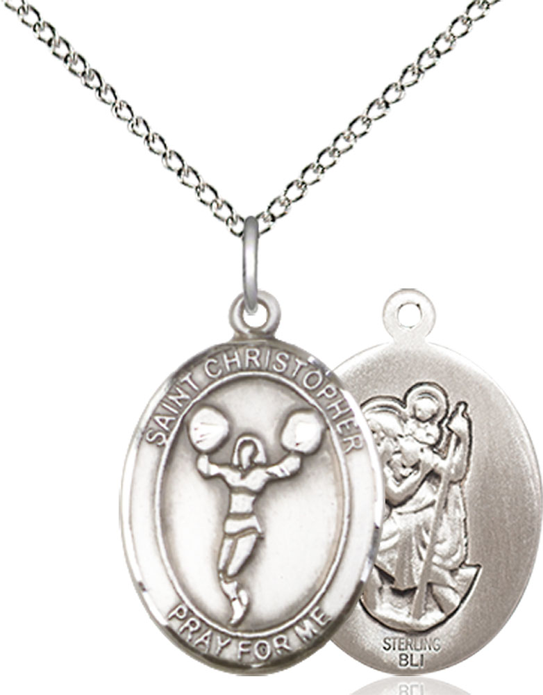 Sterling Silver Saint Christopher Cheerleading Pendant on a 18 inch Sterling Silver Light Curb chain