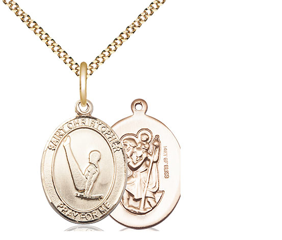 14kt Gold Filled Saint Christopher Gymnastics Pendant on a 18 inch Gold Plate Light Curb chain
