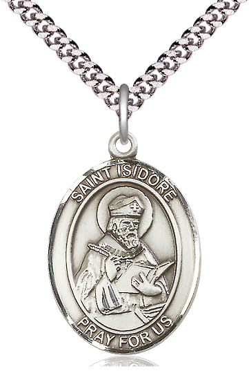 Sterling Silver Saint Isidore of Seville Pendant on a 24 inch Light Rhodium Heavy Curb chain
