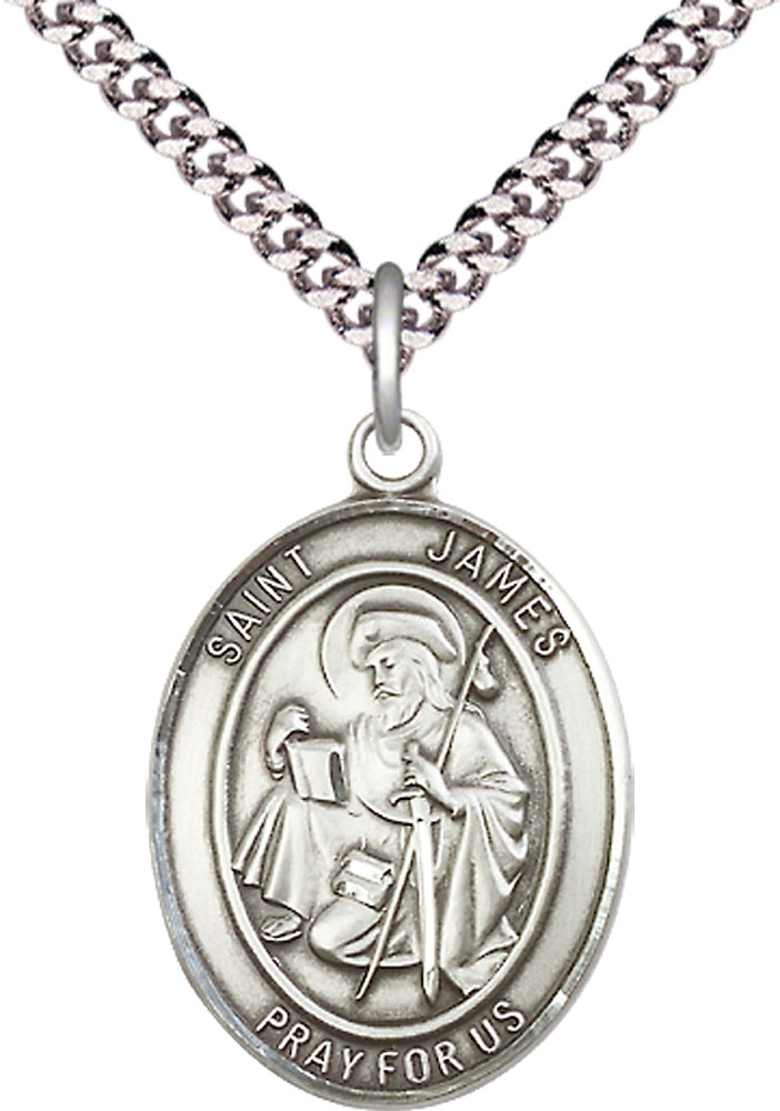 Sterling Silver Saint James the Greater Pendant on a 24 inch Light Rhodium Heavy Curb chain