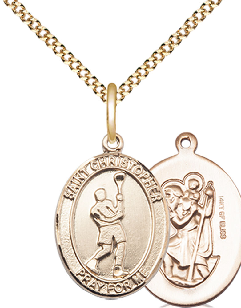 14kt Gold Filled Saint Christopher Lacrosse Pendant on a 18 inch Gold Plate Light Curb chain
