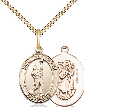 14kt Gold Filled Saint Christopher Lacrosse Pendant on a 18 inch Gold Plate Light Curb chain