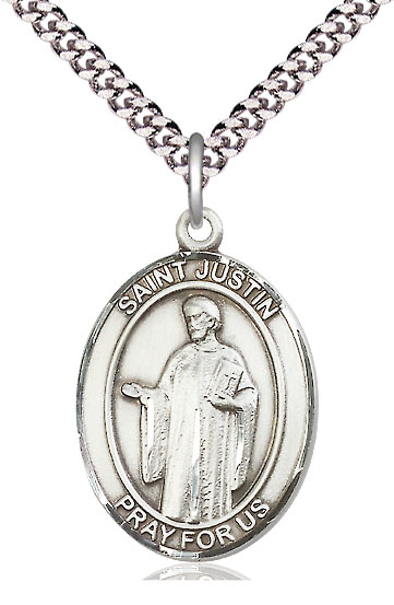 Sterling Silver Saint Justin Pendant on a 24 inch Light Rhodium Heavy Curb chain