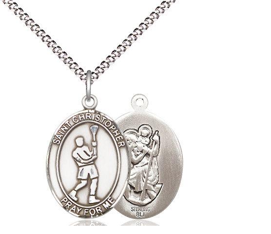 Sterling Silver Saint Christopher Lacrosse Pendant on a 18 inch Light Rhodium Light Curb chain