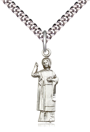 Sterling Silver Saint Stephen Pendant on a 24 inch Light Rhodium Heavy Curb chain