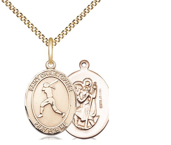 14kt Gold Filled Saint Christopher Softball Pendant on a 18 inch Gold Plate Light Curb chain