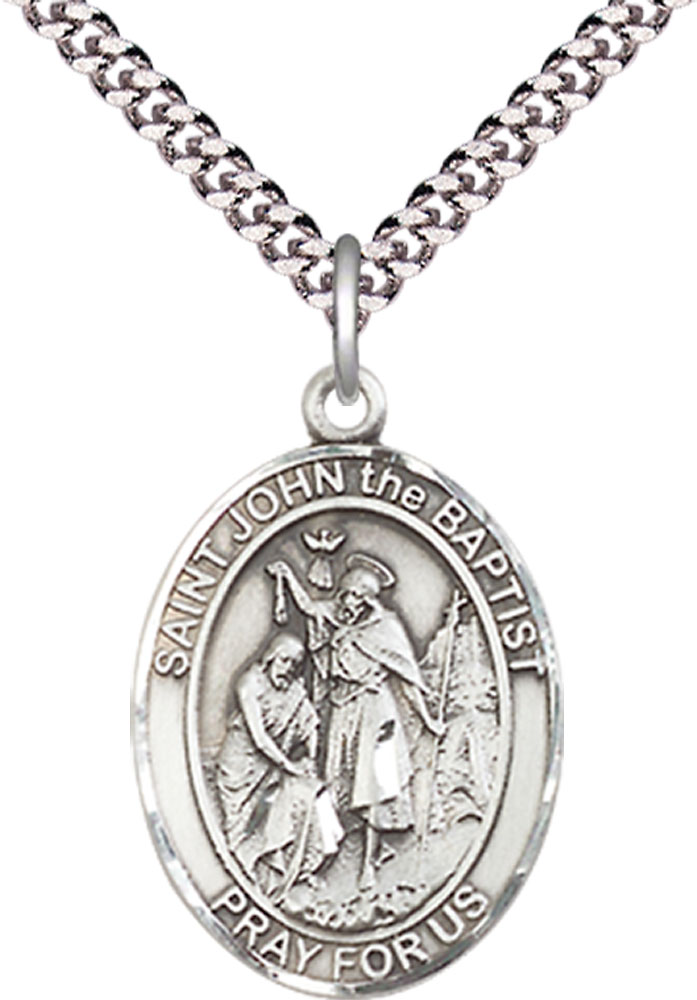 Sterling Silver Saint John the Baptist Pendant on a 24 inch Light Rhodium Heavy Curb chain