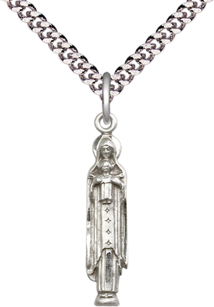 Sterling Silver Madonna &amp; Child Pendant on a 24 inch Light Rhodium Heavy Curb chain