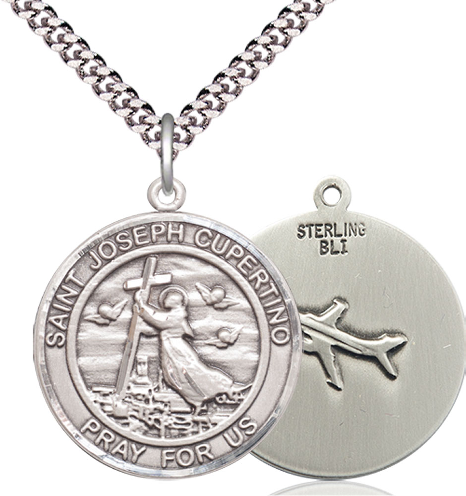 Sterling Silver Saint Joseph of Cupertino Pendant on a 24 inch Light Rhodium Heavy Curb chain