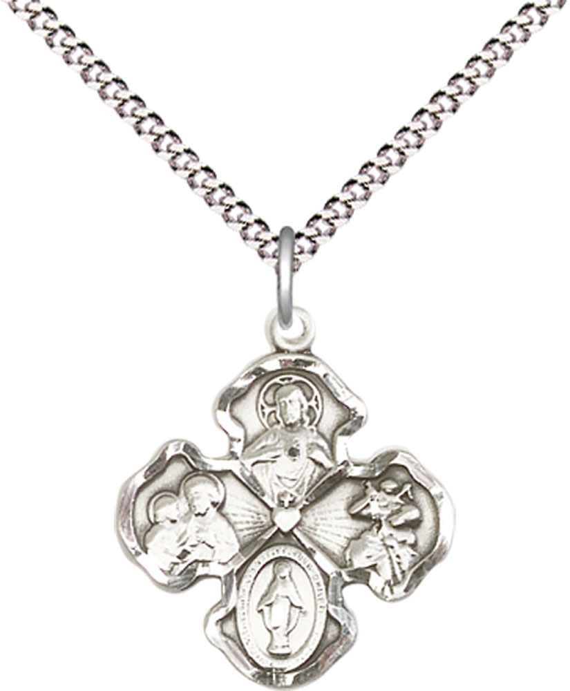 Sterling Silver 4-Way Pendant on a 18 inch Light Rhodium Light Curb chain