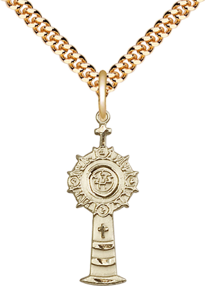 14kt Gold Filled Monstrance Pendant on a 24 inch Gold Plate Heavy Curb chain