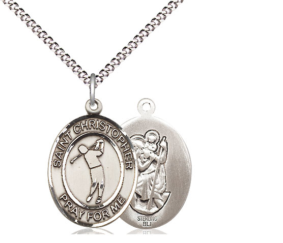 Sterling Silver Saint Christopher Golf Pendant on a 18 inch Light Rhodium Light Curb chain