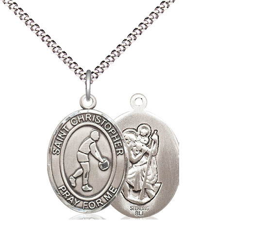 Sterling Silver Saint Christopher Basketball Pendant on a 18 inch Light Rhodium Light Curb chain