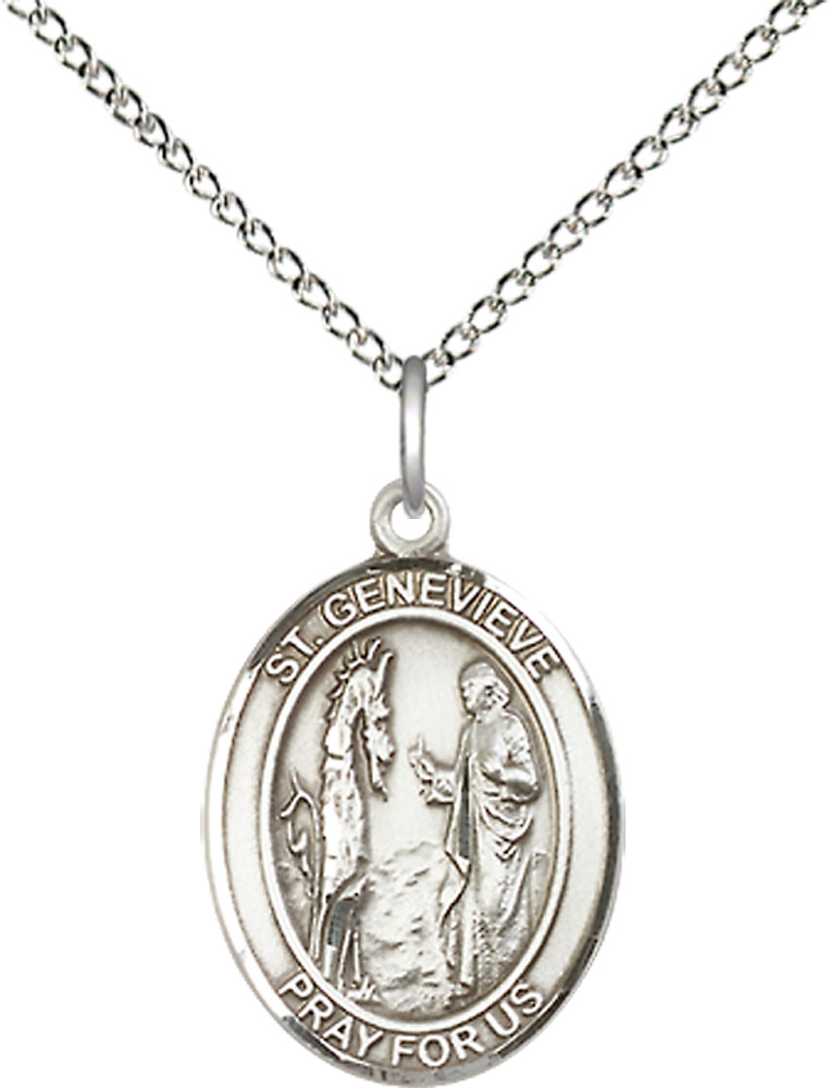 Sterling Silver Saint Genevieve Pendant on a 18 inch Sterling Silver Light Curb chain