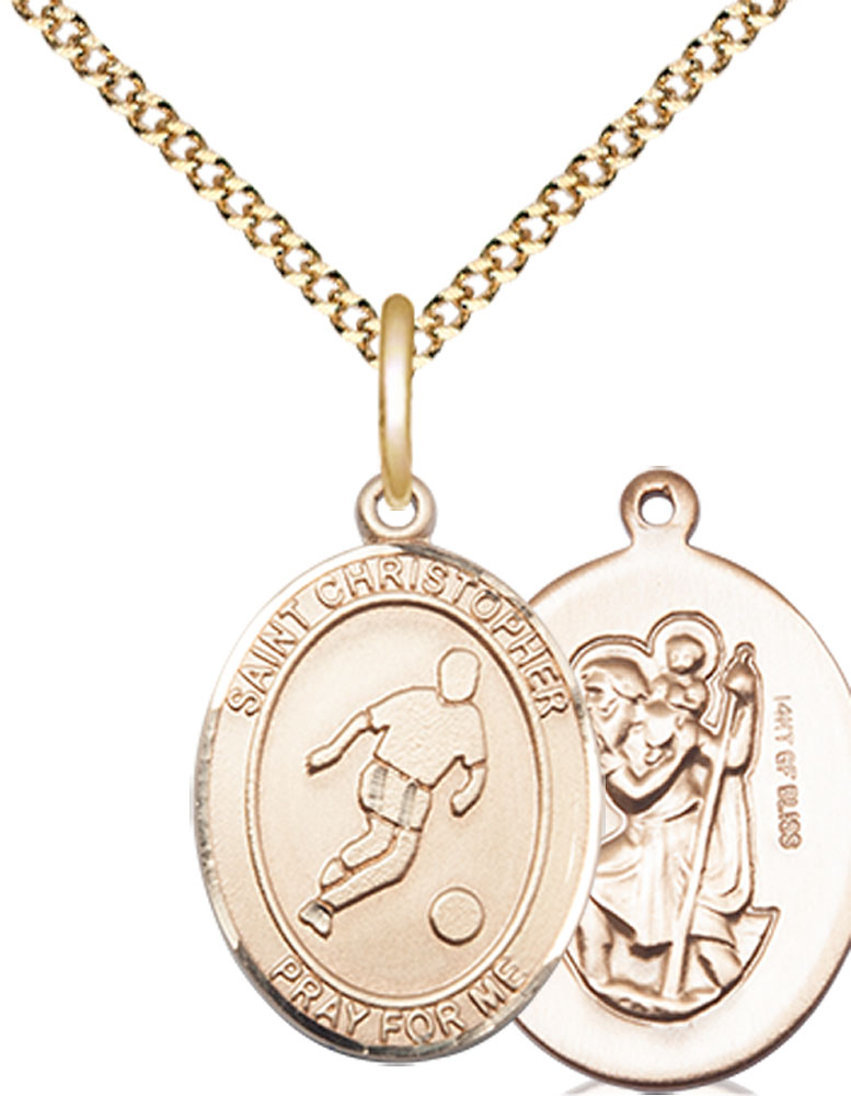 14kt Gold Filled Saint Christopher Soccer Pendant on a 18 inch Gold Plate Light Curb chain
