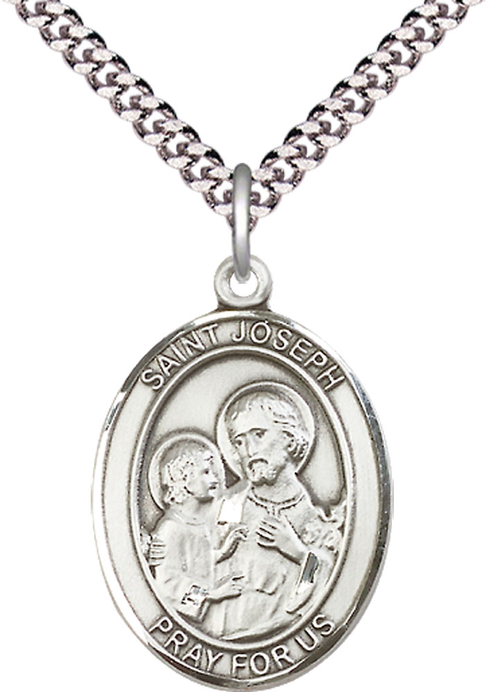 Sterling Silver Saint Joseph Pendant on a 24 inch Light Rhodium Heavy Curb chain