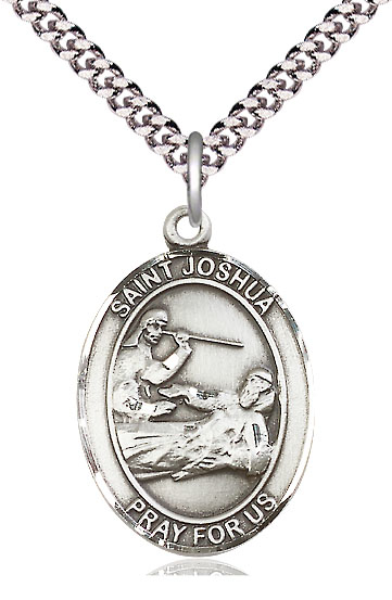 Sterling Silver Saint Joshua Pendant on a 24 inch Light Rhodium Heavy Curb chain