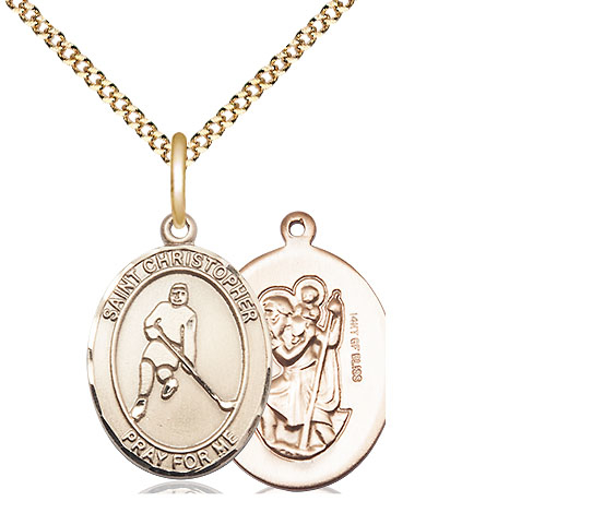 14kt Gold Filled Saint Christopher Ice Hockey Pendant on a 18 inch Gold Plate Light Curb chain