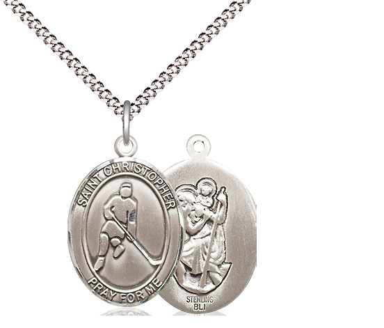 Sterling Silver Saint Christopher Ice Hockey Pendant on a 18 inch Light Rhodium Light Curb chain