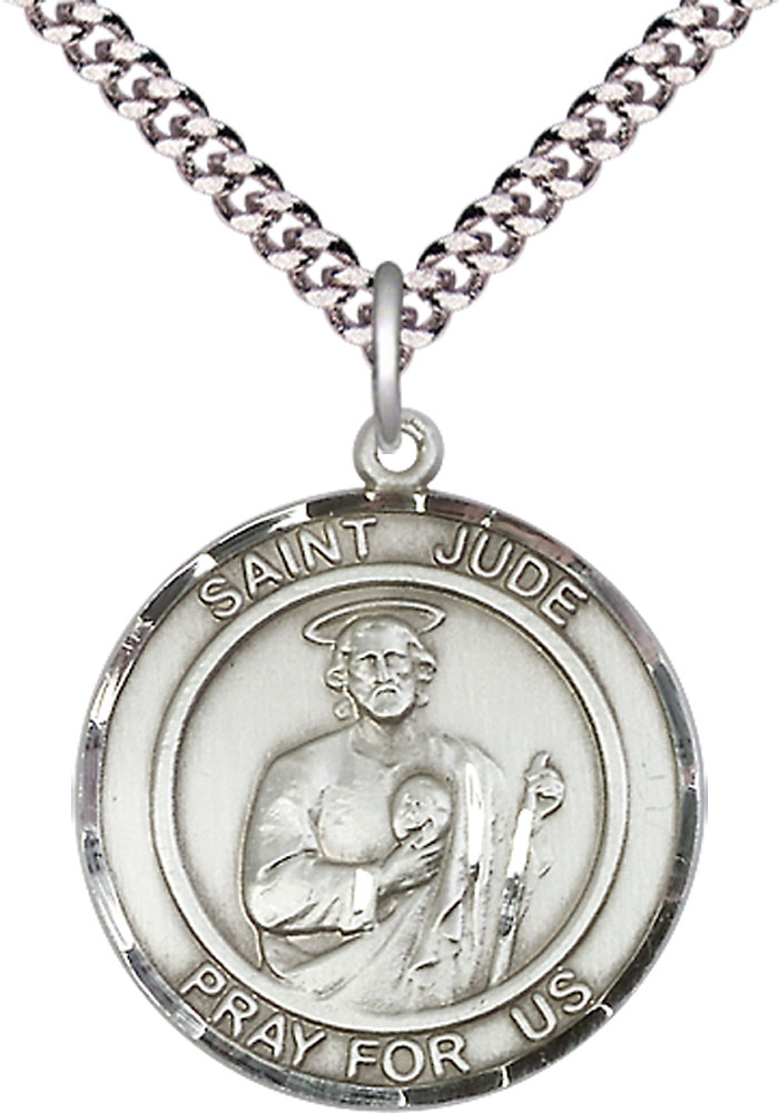 Sterling Silver Saint Jude Pendant on a 24 inch Light Rhodium Heavy Curb chain