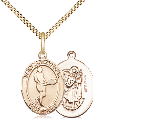 14kt Gold Filled Saint Christopher Tennis Pendant on a 18 inch Gold Plate Light Curb chain