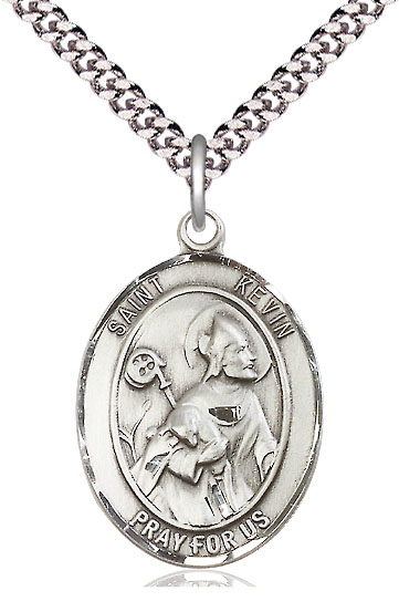 Sterling Silver Saint Kevin Pendant on a 24 inch Light Rhodium Heavy Curb chain