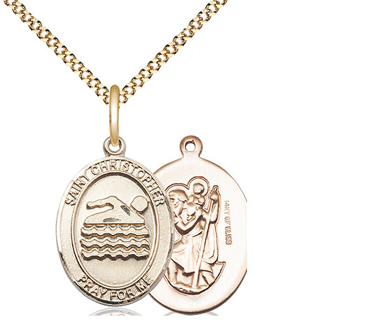 14kt Gold Filled Saint Christopher Swimming Pendant on a 18 inch Gold Plate Light Curb chain