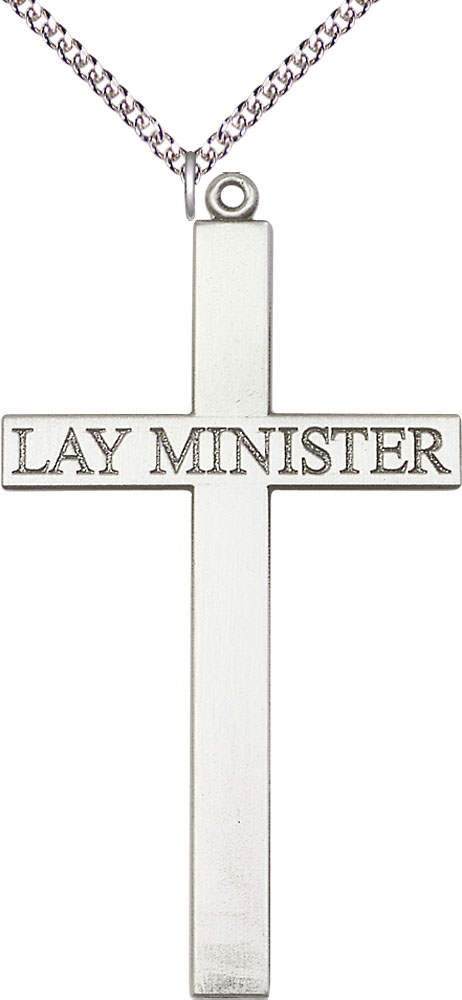 Sterling Silver Lay Minister Cross Pendant on a 24 inch Sterling Silver Heavy Curb chain