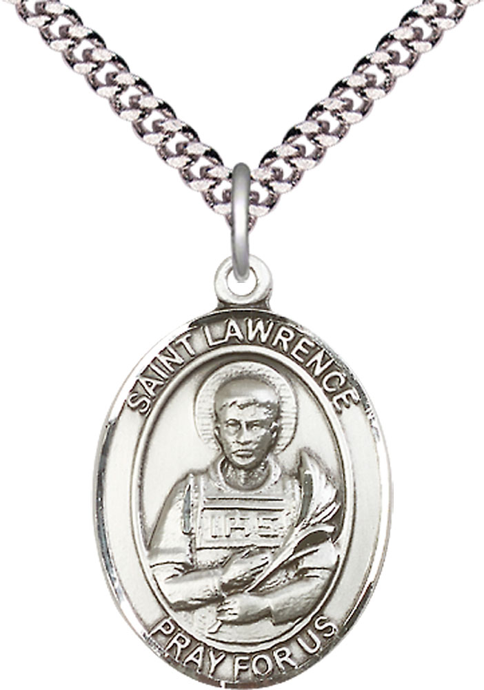 Sterling Silver Saint Lawrence Pendant on a 24 inch Light Rhodium Heavy Curb chain