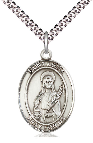 Sterling Silver Saint Lucia of Syracuse Pendant on a 24 inch Light Rhodium Heavy Curb chain