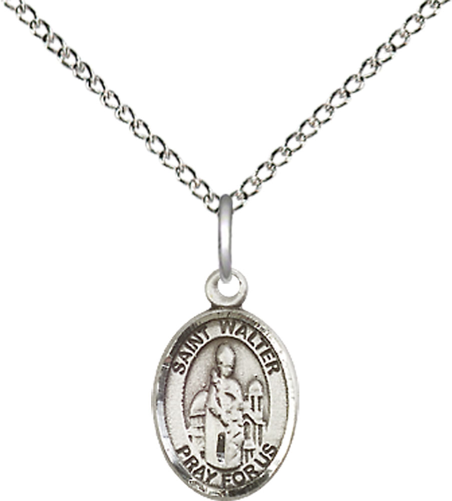 Sterling Silver Saint Walter of Pontnoise Pendant on a 18 inch Sterling Silver Light Curb chain