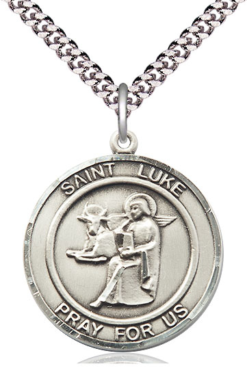 Sterling Silver Saint Luke the Apostle Pendant on a 24 inch Light Rhodium Heavy Curb chain