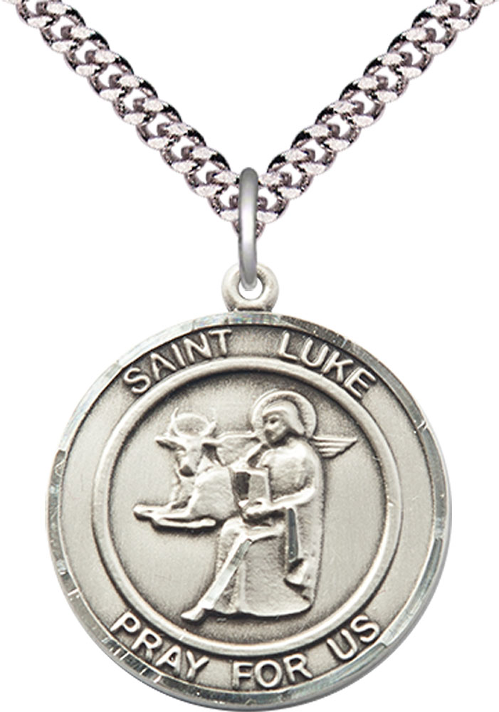 Sterling Silver Saint Luke the Apostle Pendant on a 24 inch Light Rhodium Heavy Curb chain