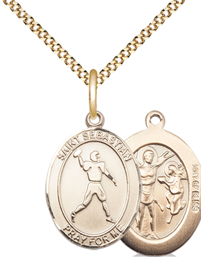 14kt Gold Filled Saint Sebastian Football Pendant on a 18 inch Gold Plate Light Curb chain