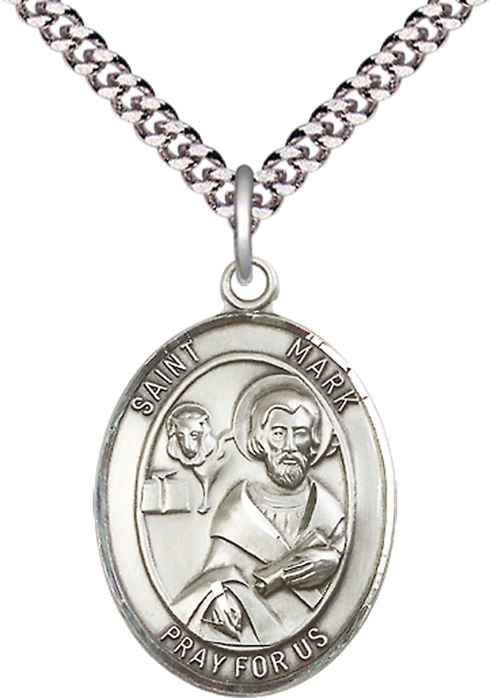 Sterling Silver Saint Mark the Evangelist Pendant on a 24 inch Light Rhodium Heavy Curb chain