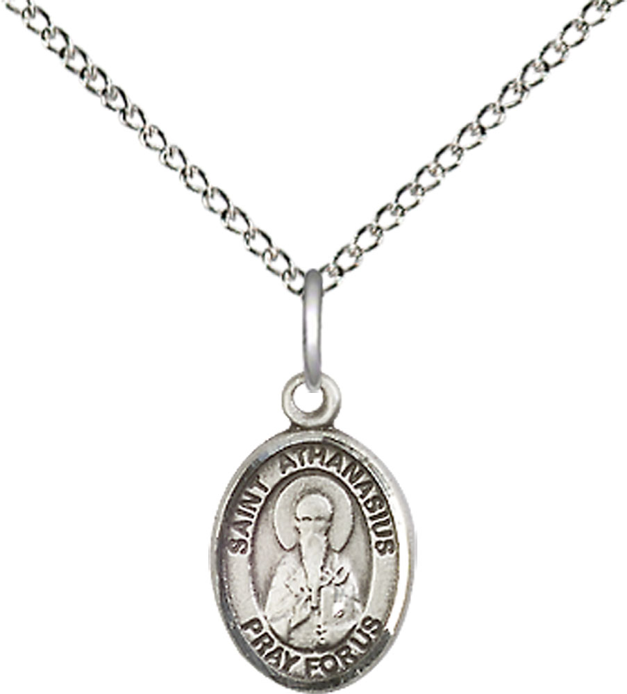Sterling Silver Saint Athanasius Pendant on a 18 inch Sterling Silver Light Curb chain
