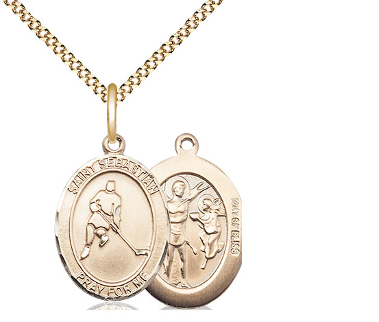 14kt Gold Filled Saint Sebastian Ice Hockey Pendant on a 18 inch Gold Plate Light Curb chain