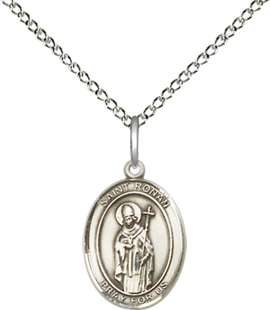 Sterling Silver Saint Ronan Pendant on a 18 inch Sterling Silver Light Curb chain