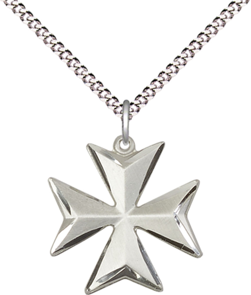 Sterling Silver Maltese Cross Pendant on a 18 inch Light Rhodium Light Curb chain