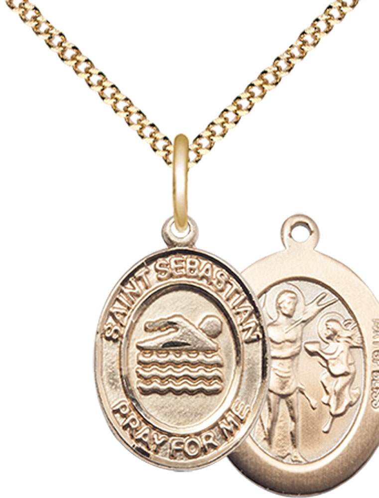 14kt Gold Filled Saint Sebastian Swimming Pendant on a 18 inch Gold Plate Light Curb chain