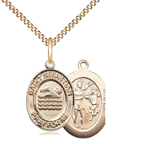 14kt Gold Filled Saint Sebastian Swimming Pendant on a 18 inch Gold Plate Light Curb chain